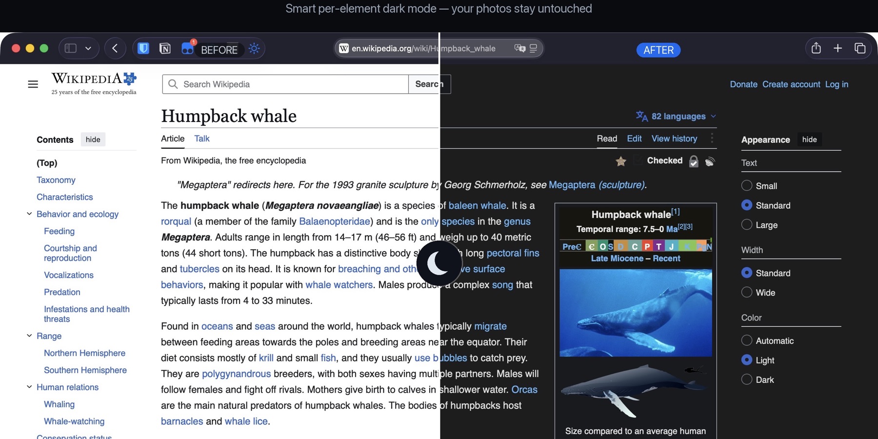 Safari page before and after Smart Dark Toggle applies dark mode